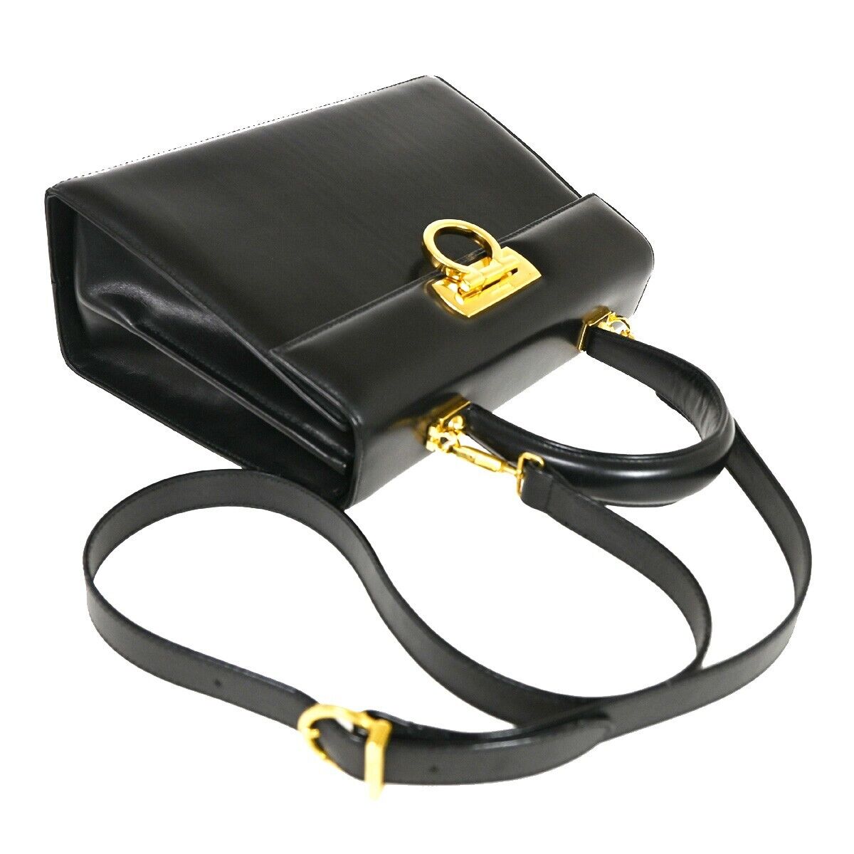 SALVATORE FERRAGAMO 2Way Gancini Shoulder Hand Bag Leather Black Gold 77SH468