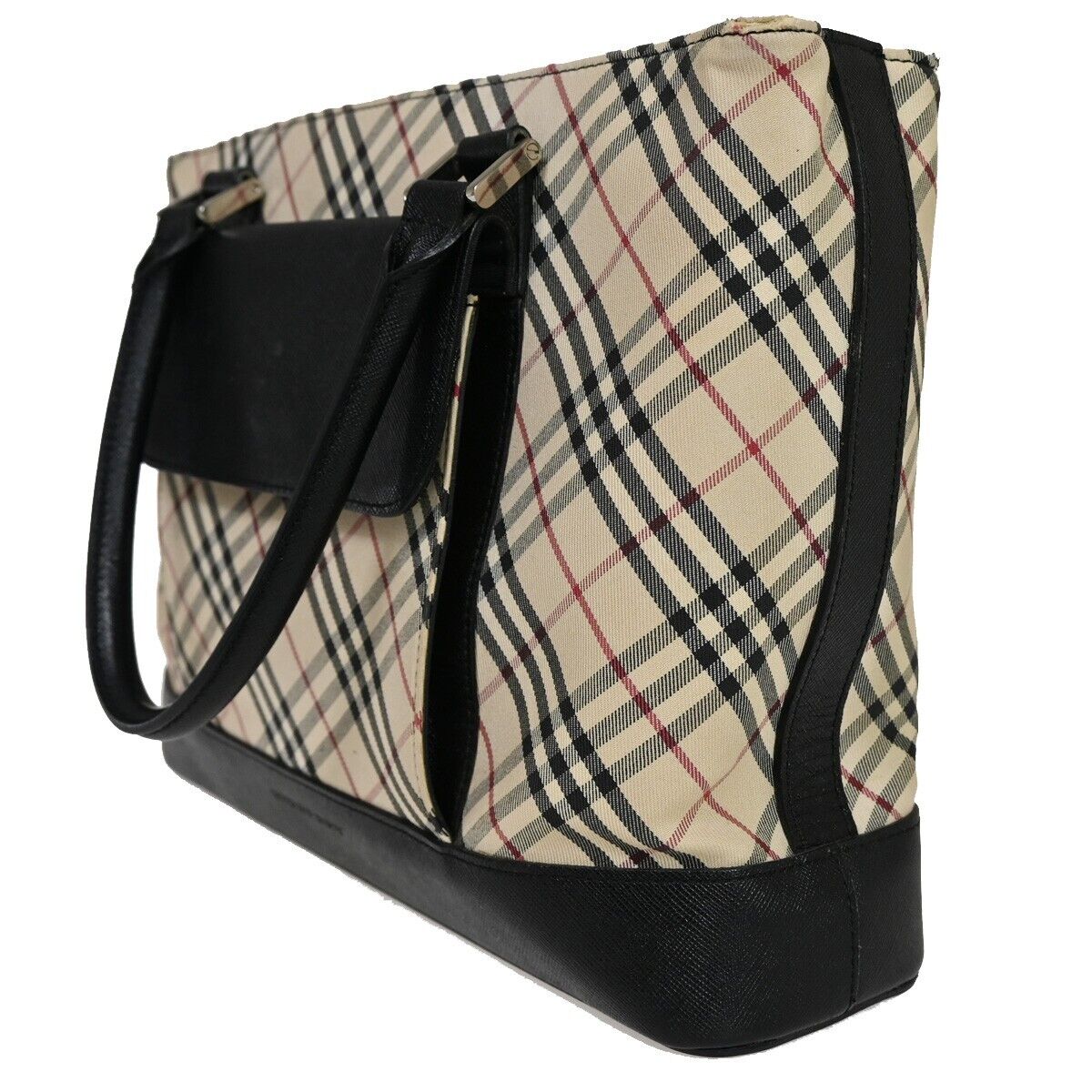 BURBERRY Logo Nova Check Hand Tote Bag Canvas Leather Beige Black Silver 69HB709