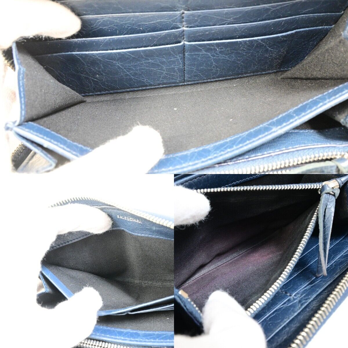 BALENCIAGA Logo Continental Zip Around Long Wallet Purse Leather Navy 09FB095