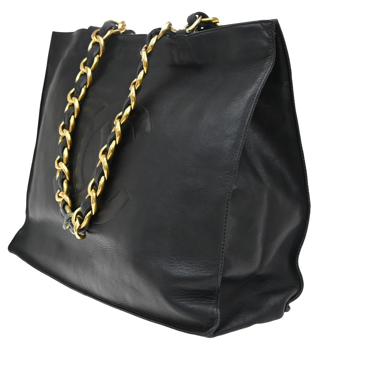 CHANEL CC Logo Chain Shoulder Tote Bag Leather Black France 49EG117