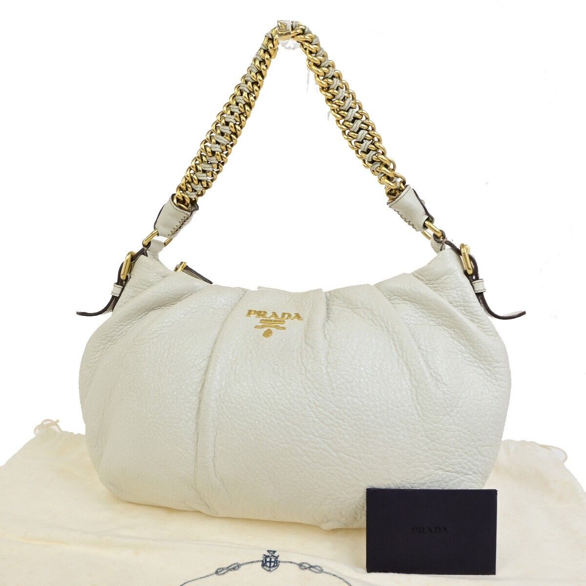 PRADA Logo Cervo Lux Chain Shoulder Hobo Bag Leather White GHW 84FB371