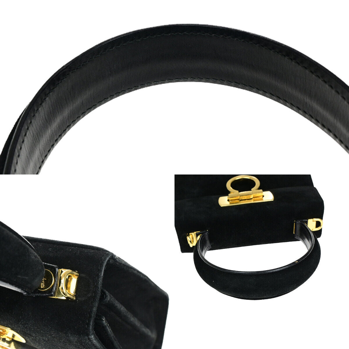SALVATORE FERRAGAMO Logo Gancini Hand Bag Suede Leather Black GHW Italy 64YF984
