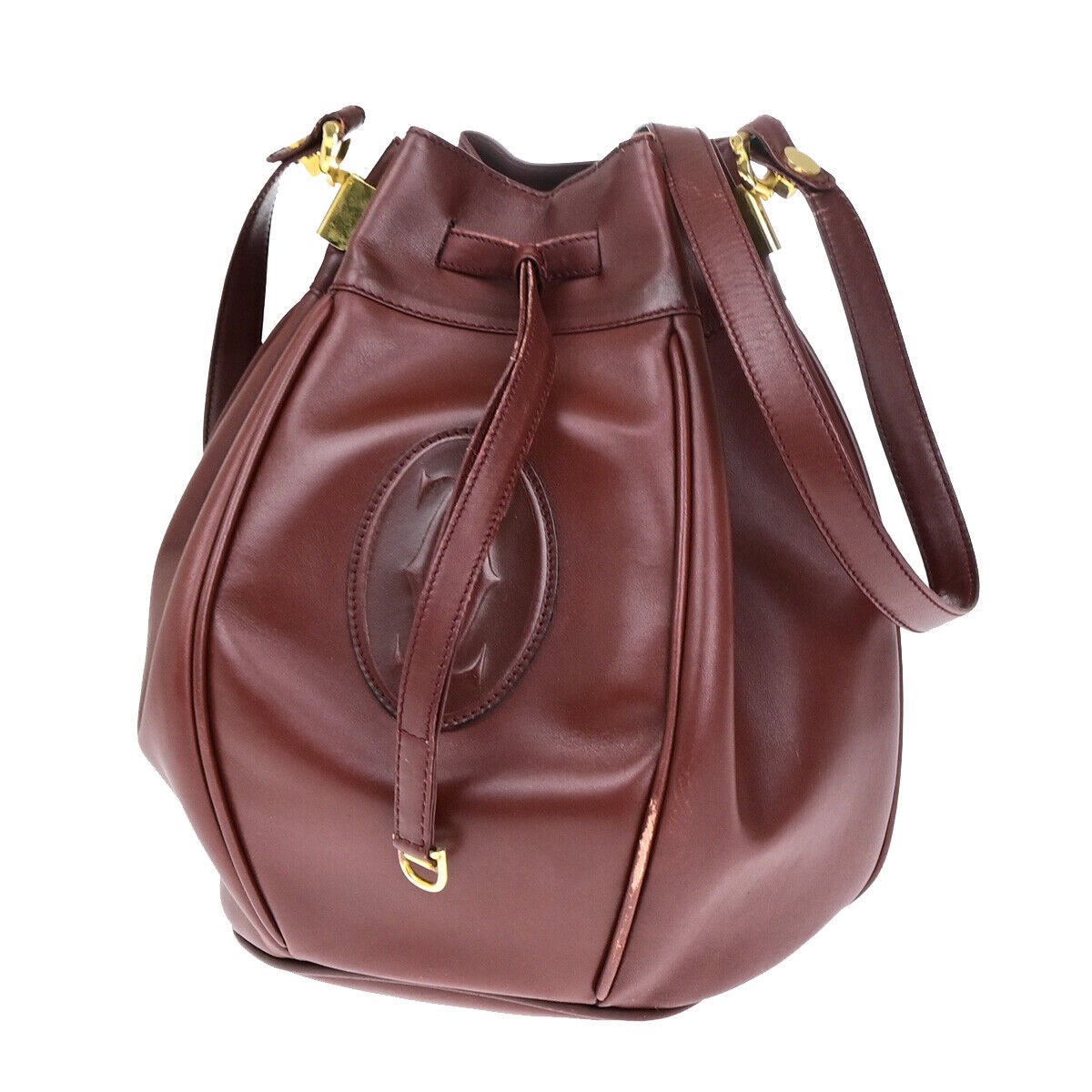 MUST DE CARTIER 2C Logo Drawstring Shoulder Bag Leather Bordeaux GHW 67YF121