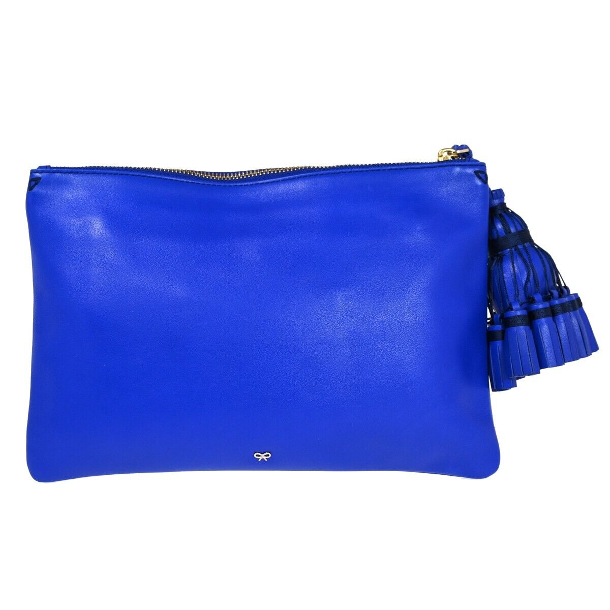 ANYA HINDMARCH Logo Smiley Wink Fringe Clutch Hand Bag Leather Blue 36HB218