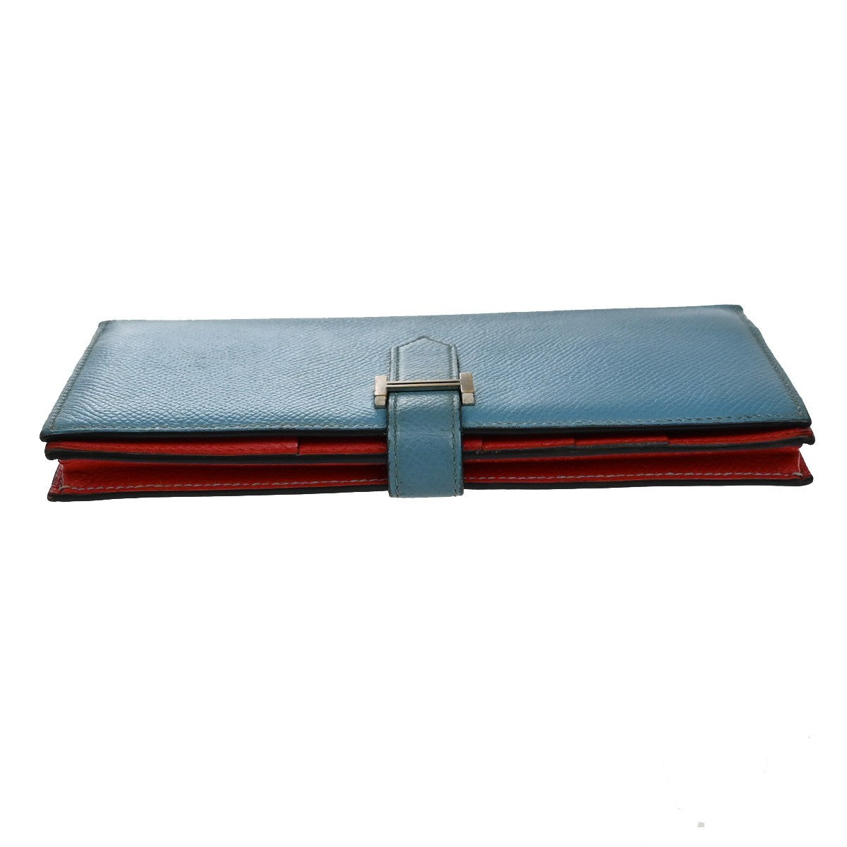 HERMES H Logo Bearn Long Bifold Wallet Leather Blue Red GHW France 32EF997