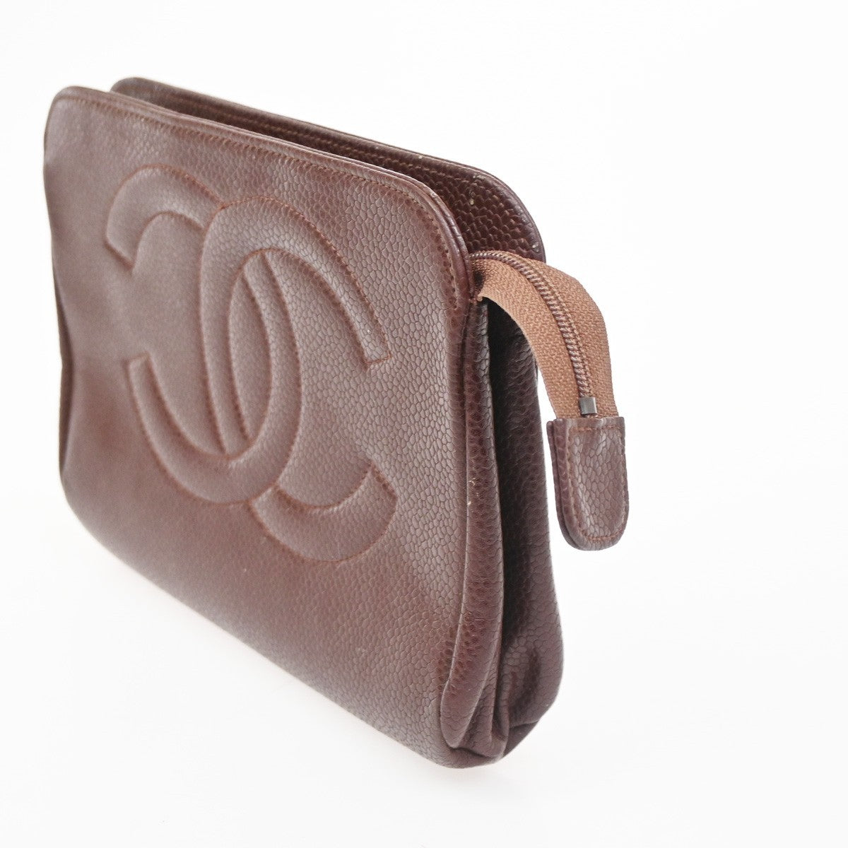 CHANEL CC Logo Pouch Grained Calfskin Leather Red Gold Italy 30KC157