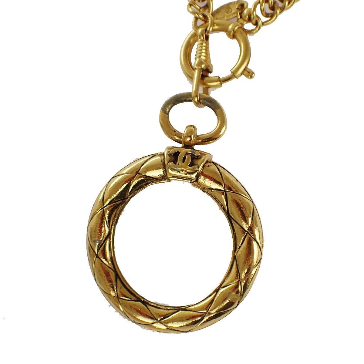 CHANEL CC Logo Loupe Long Chain Pendant Necklace Gold Accessory 91RC913