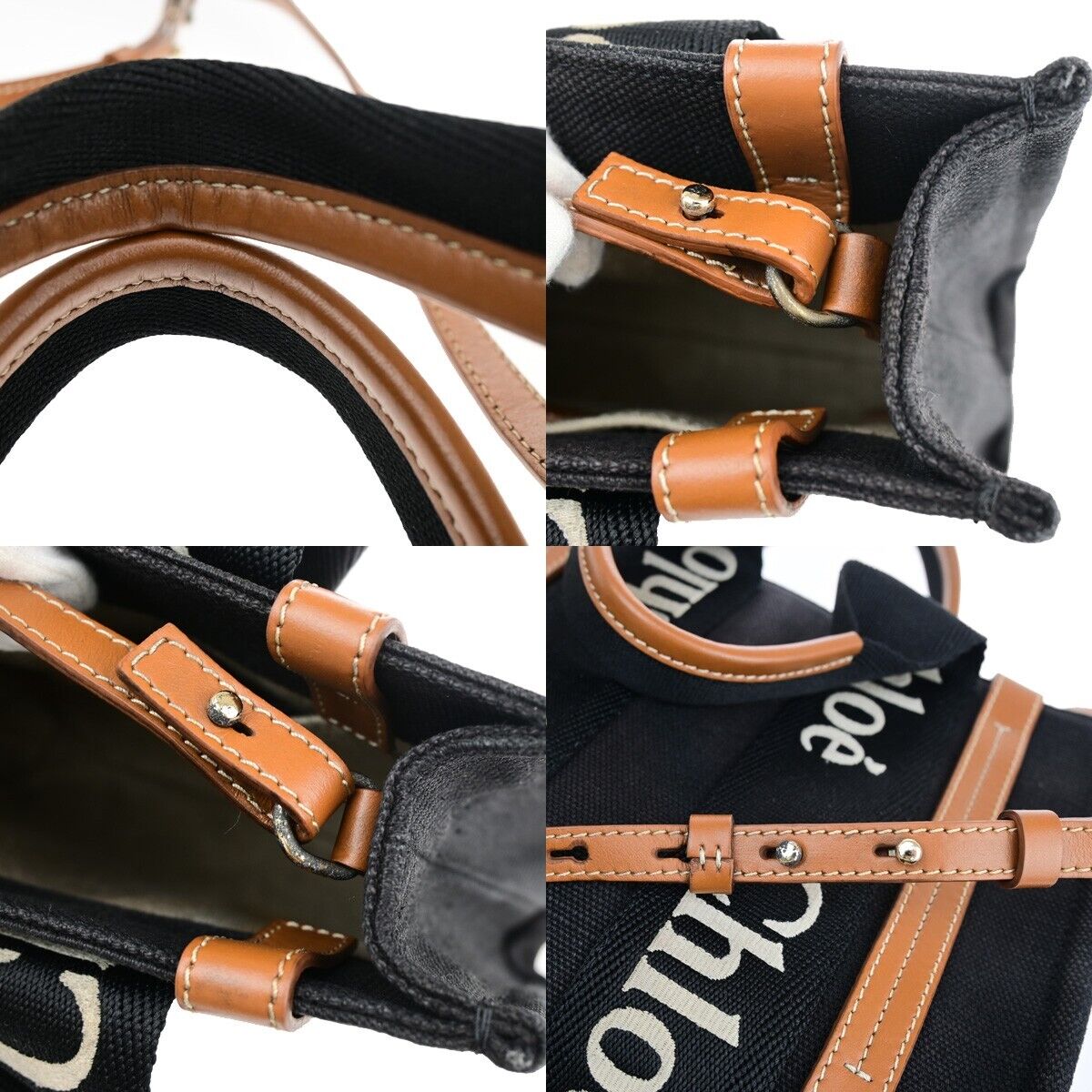CHLOE Woody Tote Shoulder Hand Bag 2Way Canvas Leather Black Italy GHW 84HC081