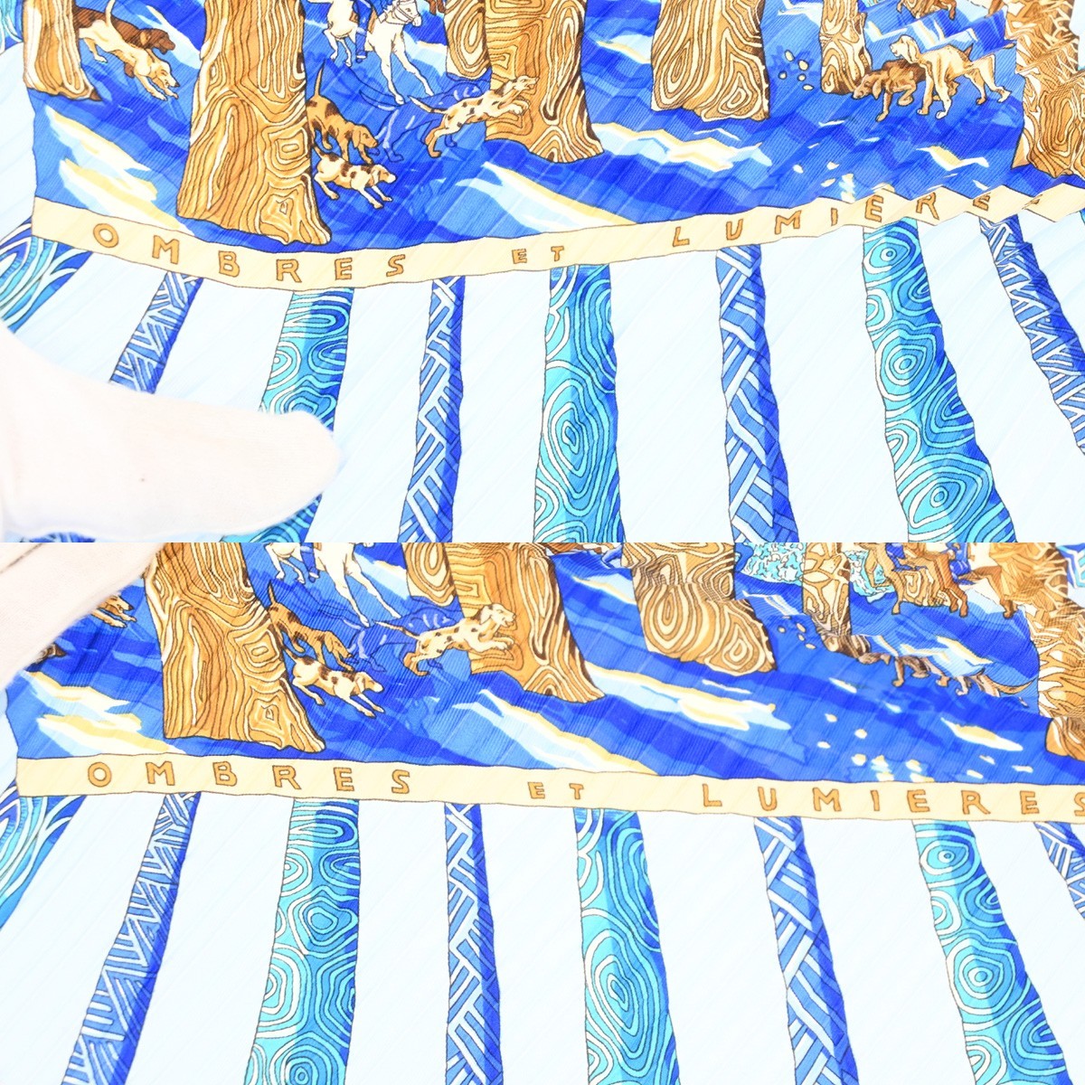HERMES XL Pleated Carre Scarf " Ombres Et Lumieres " 100% Silk Blue 68RL949