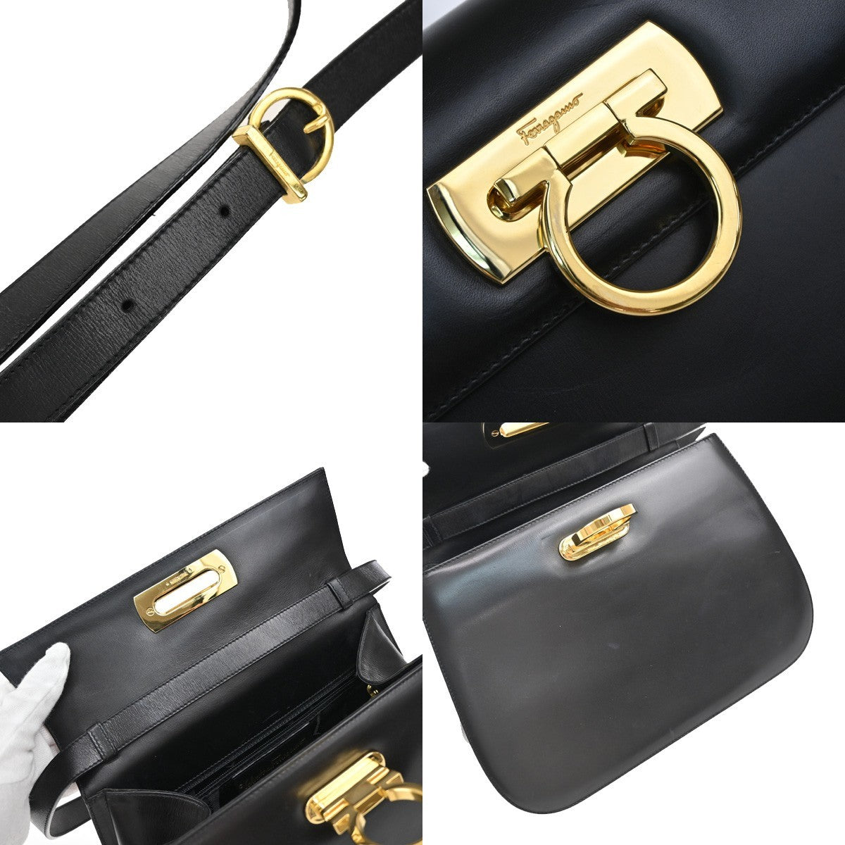SALVATORE FERRAGAMO Logo Gancini Shoulder Hand Bag Leather Black 80EF729