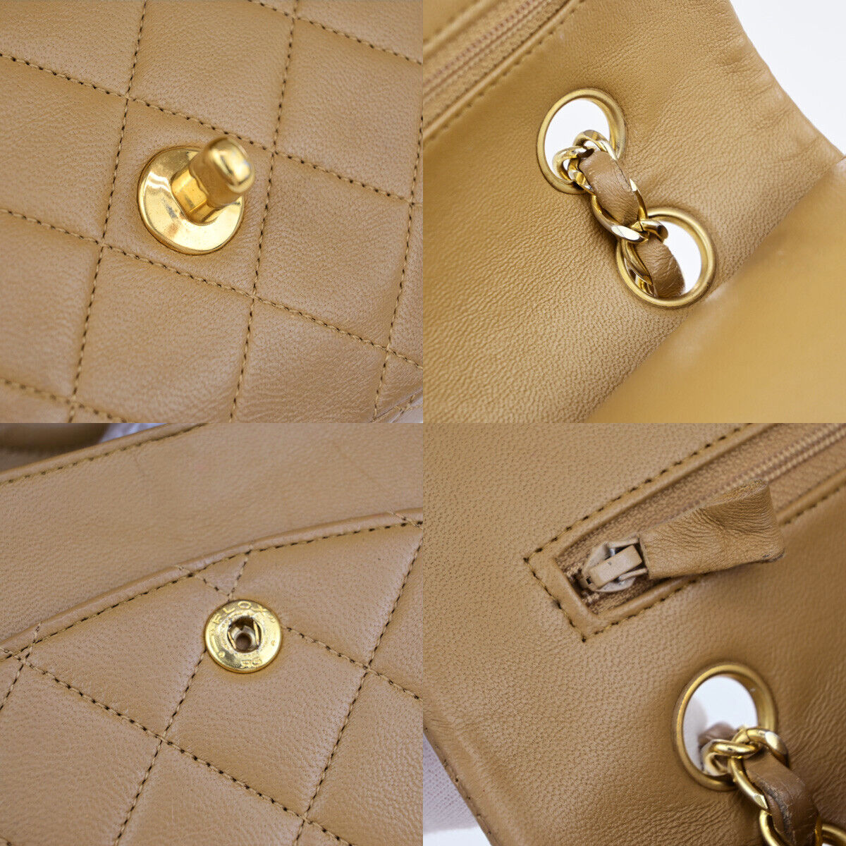 CHANEL CC Matelasse 25 Double Flap Chain Shoulder Bag Leather Beige GHW 332RK663