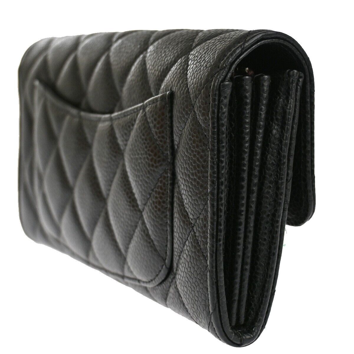 "CHANEL CC Matelasse Long Bifold Wallet Purse Caviar Leather Black SHW 41RJ205