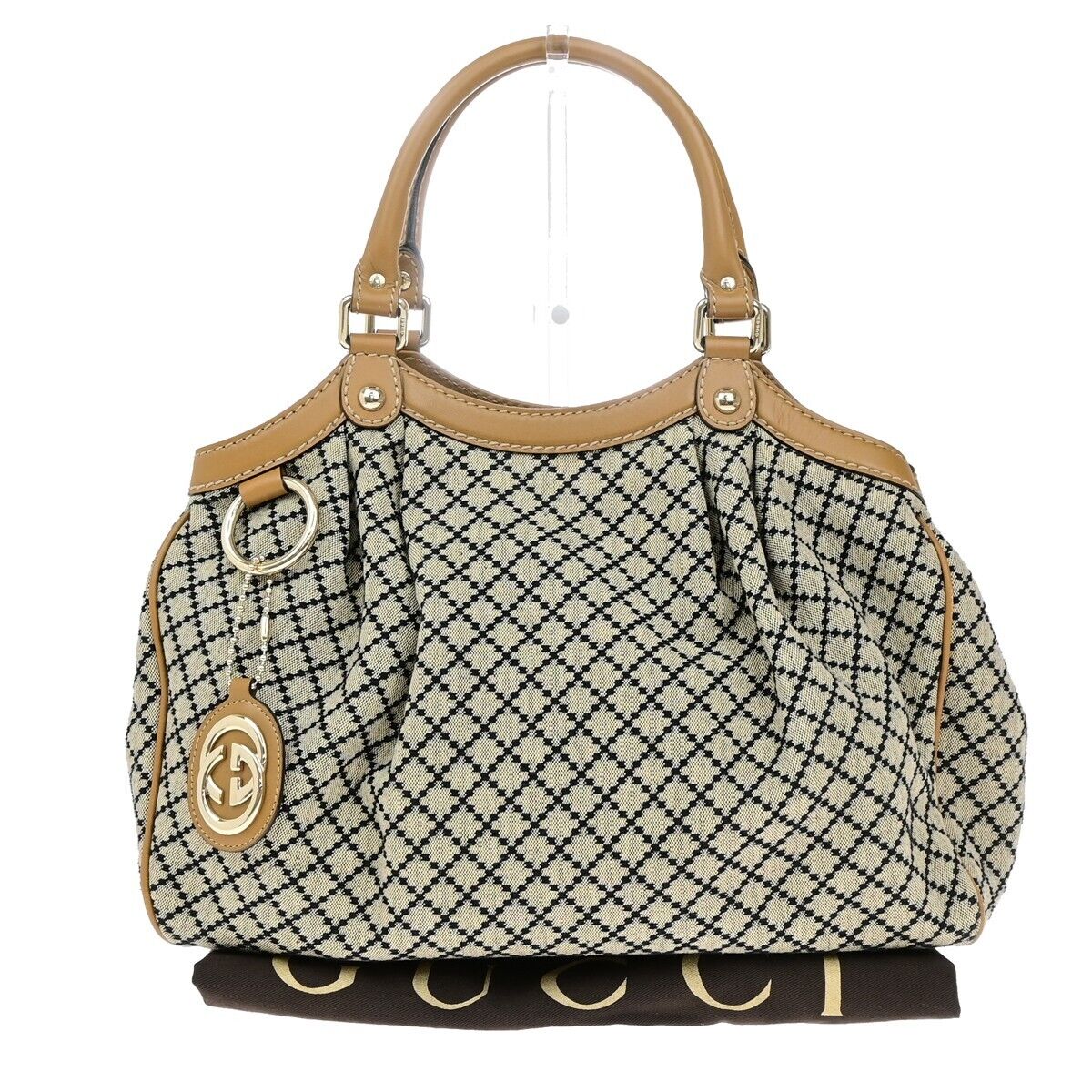 GUCCI Logo Diamante Sukey Shoulder Bag Charm Canvas Leather Brown 85EE037