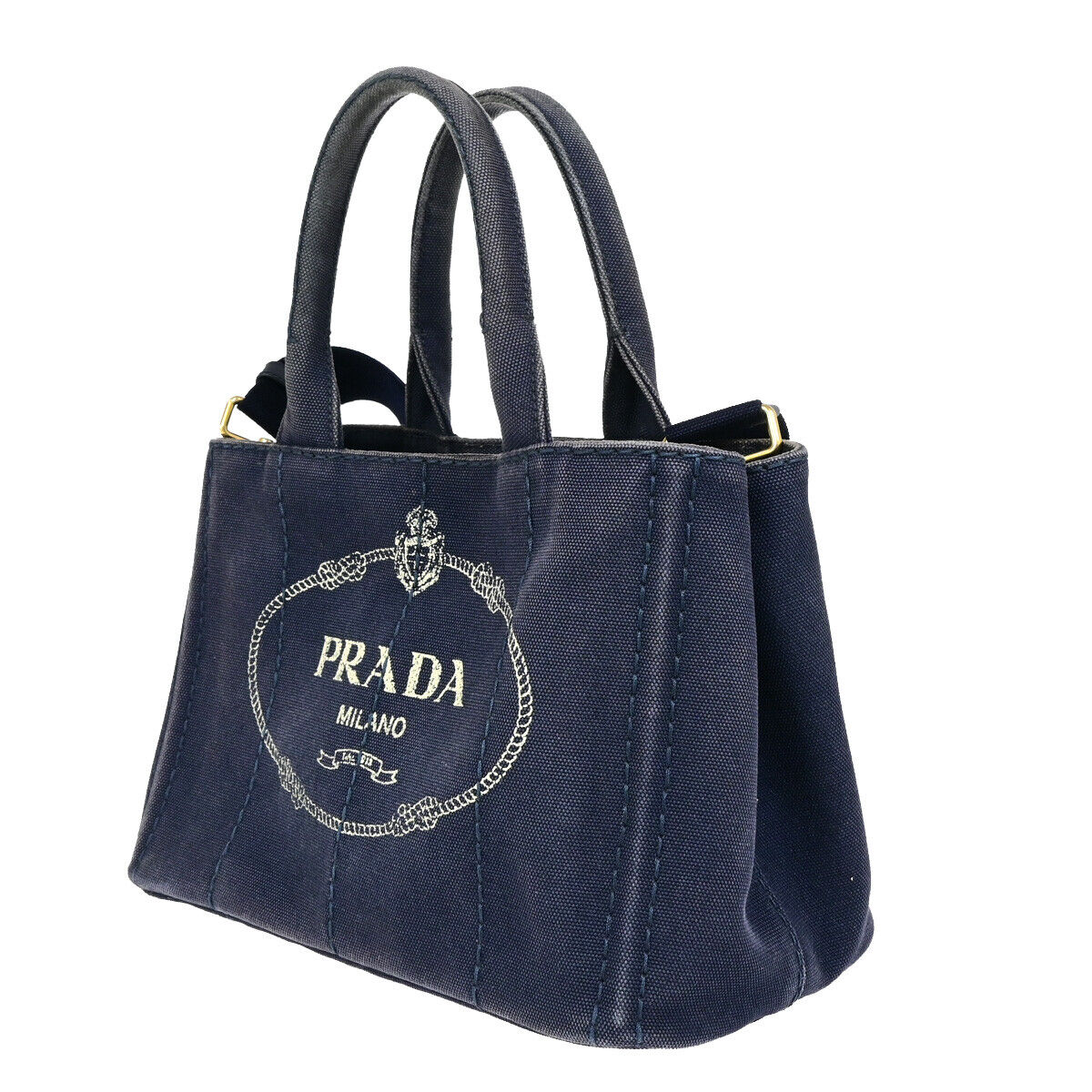 PRADA Logo CANAPA 2Way Shoulder Hand Bag Canvas Leather Navy Blue GHW 86SJ071