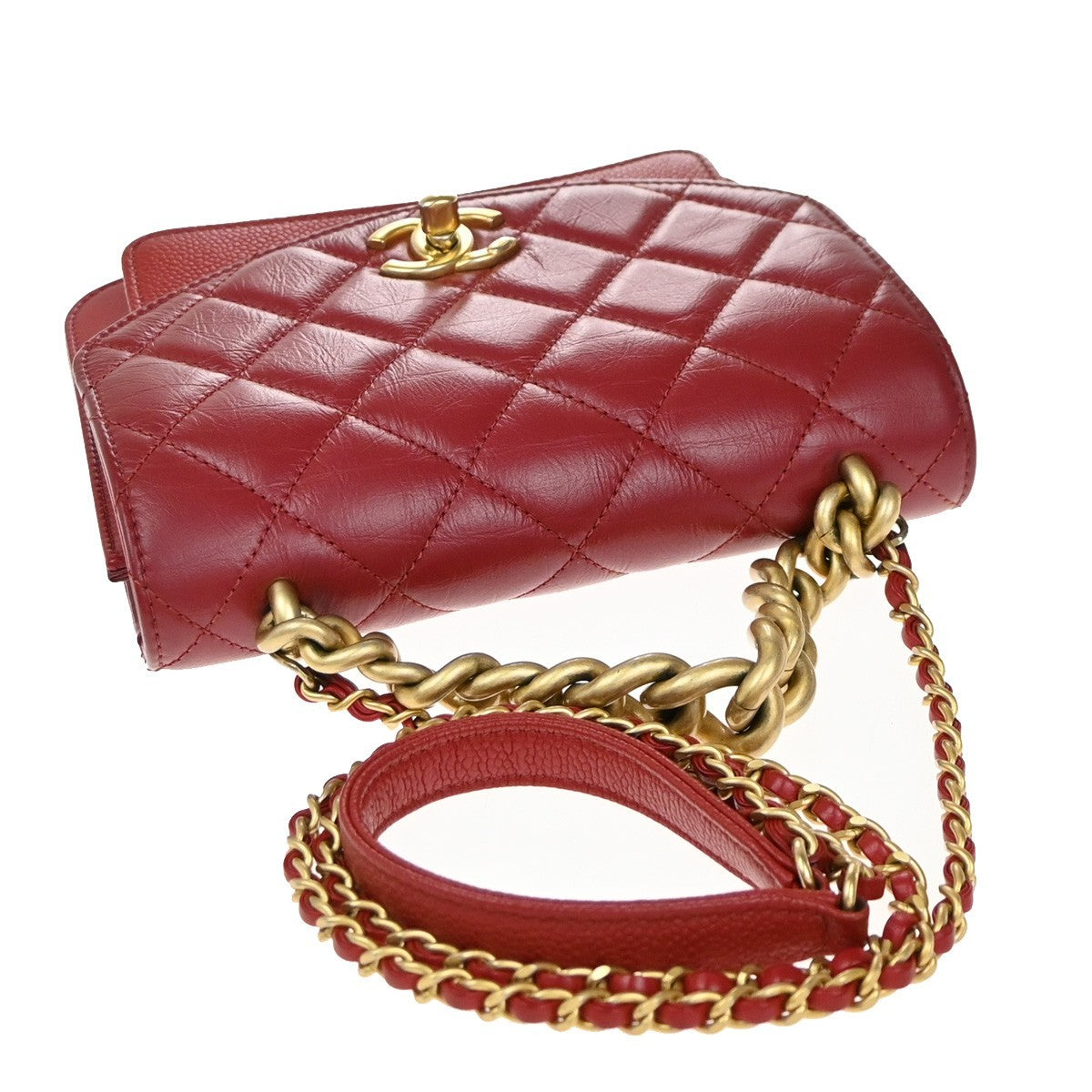 CHANEL CC 2Way Matelasse Chain Shoulder Hand Bag Calfskin Leather Red 369RP075