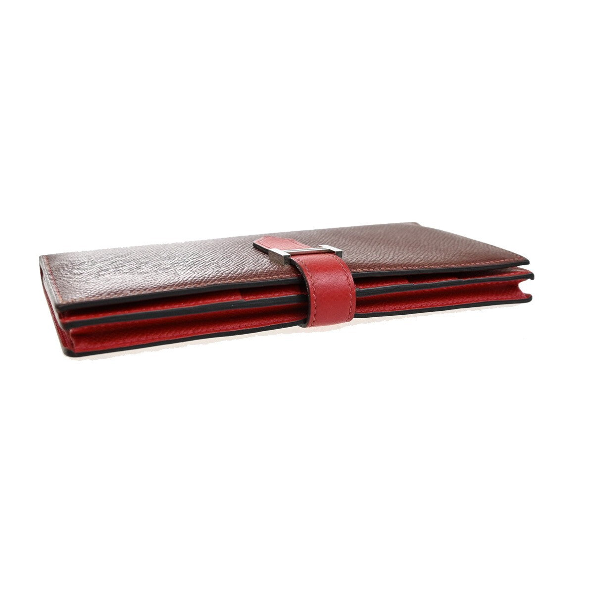 HERMES Logo Bearn Bicolor Long Bifold Wallet Leather Red Burgundy SHW 96RF294