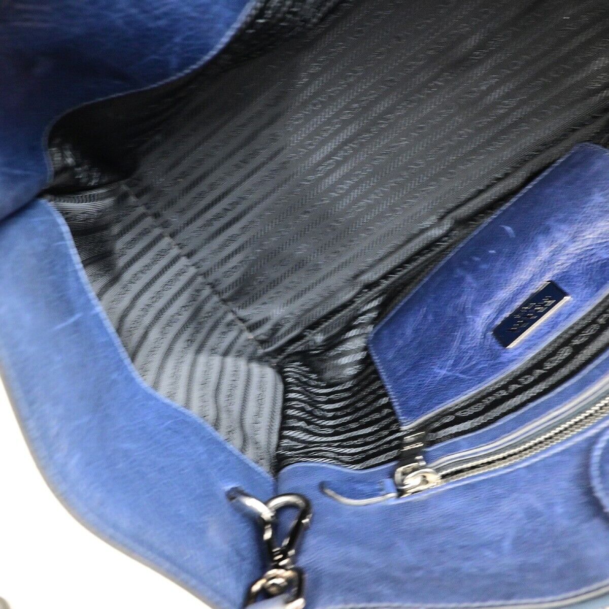 PRADA MILNO Logo 2Way Shoulder Hand Bag Leather Navy Blue Silver-Plated 10ED918