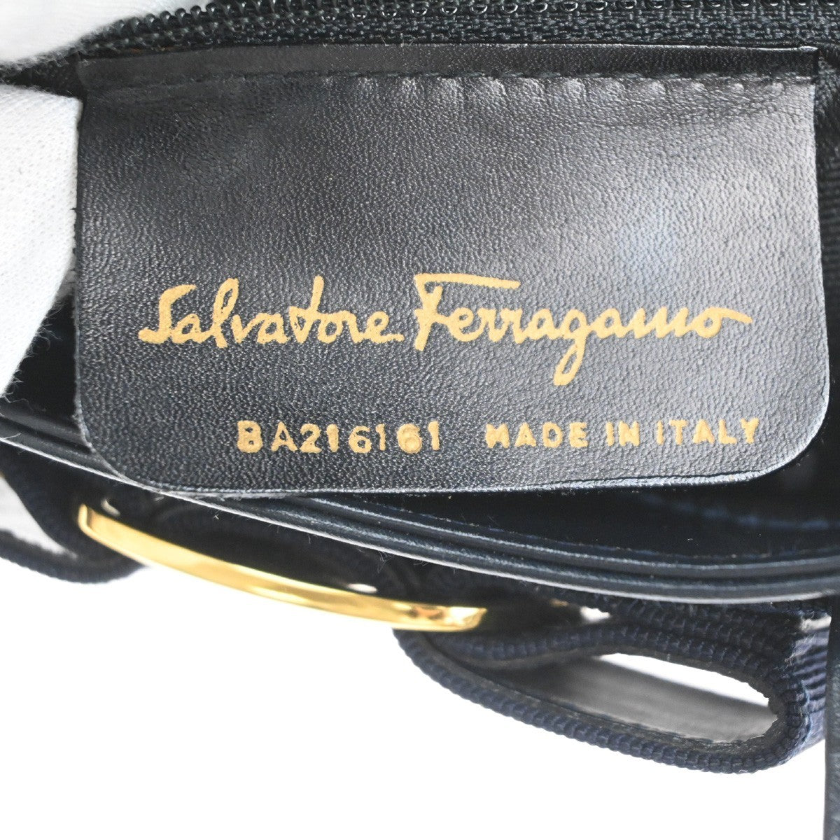 SALVATORE FERRAGAMO Logo Vara Hand Bag Leather Canvas Navy Blue GHW 64CA767