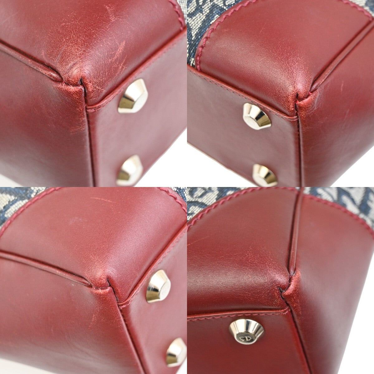 CHRISTIAN DIOR Trotter Pattern Hand Bag Canvas Leather Navy Blue Red 16EE257