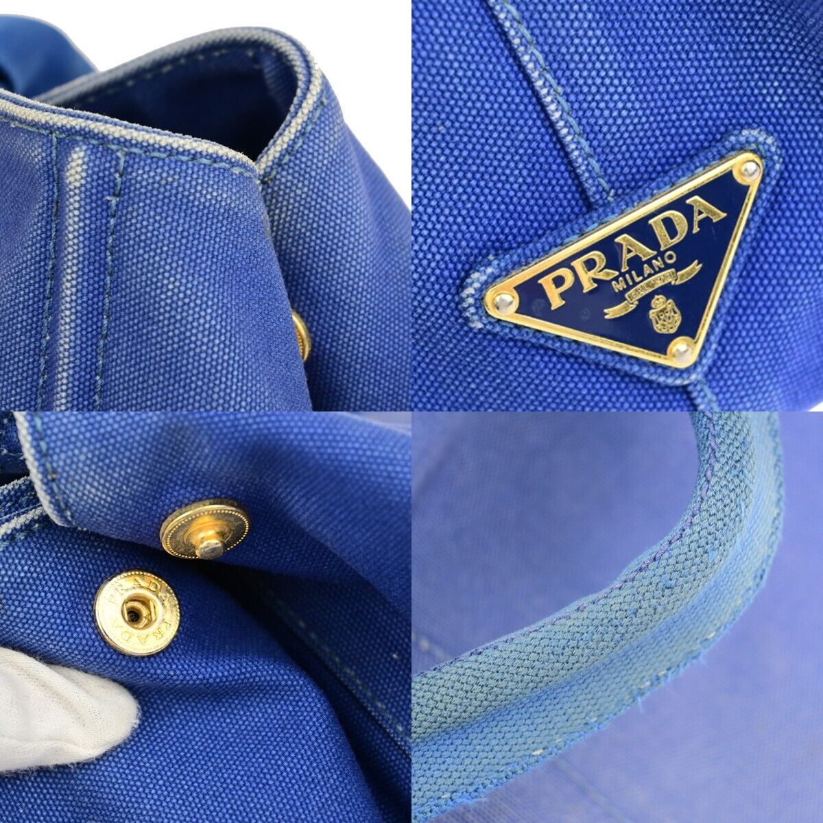 PRADA Milano Logo CANAPA Tote Hand Bag Canvas Leather Blue Gold 68EB512