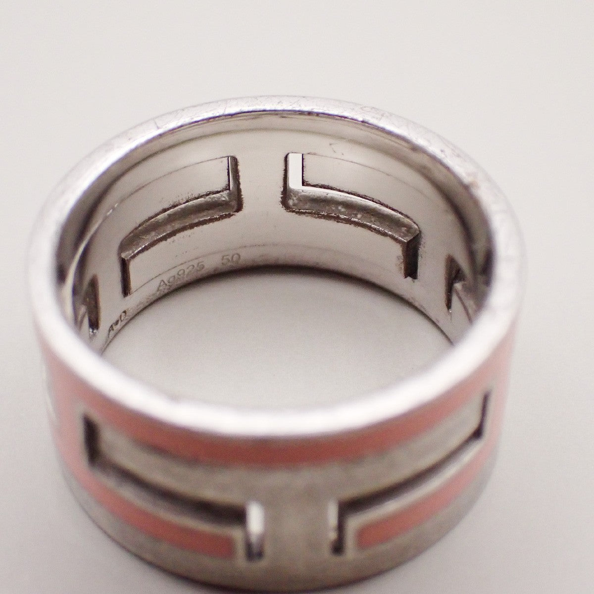 HERMES Logo Move H Ring Size 50 Silver 925  Pink Accessory 64RL361