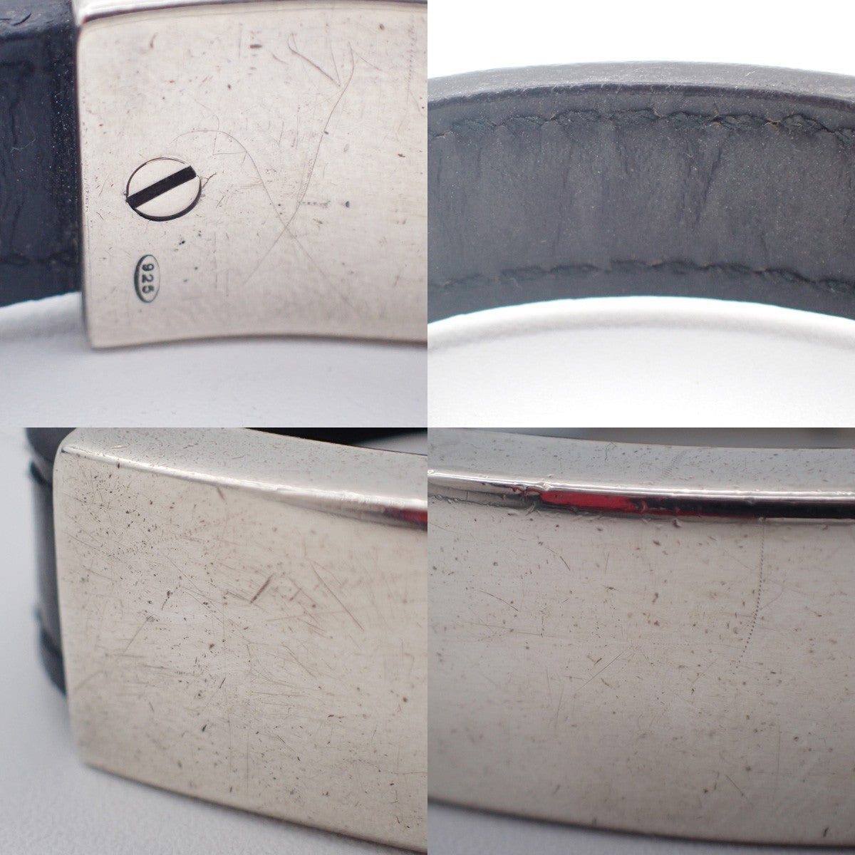 GUCCI Logo Bar Bracelet Bangle Leather Metal Black Silver925 Italy 01CA779