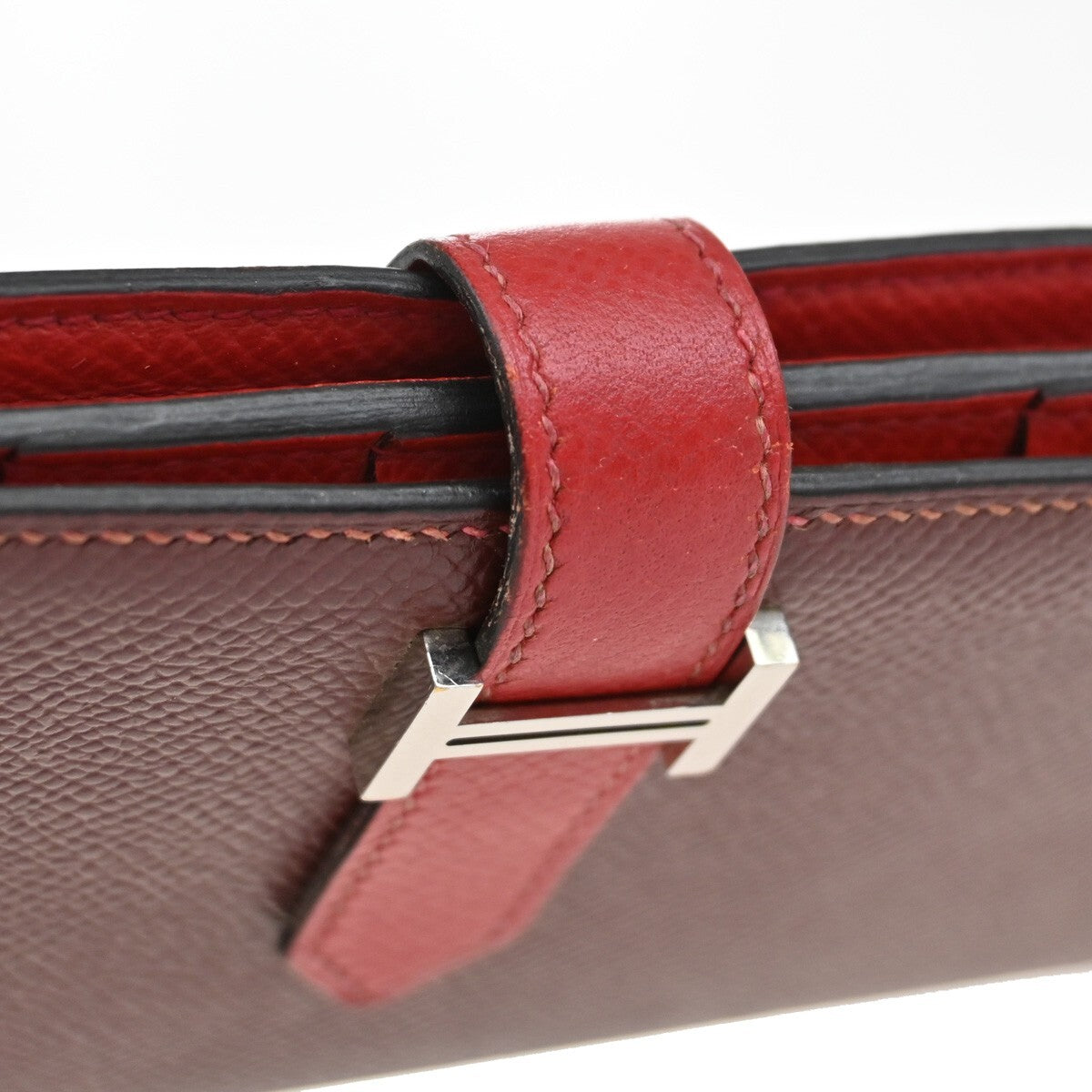HERMES Logo Bearn Bicolor Long Bifold Wallet Leather Red Burgundy SHW 96RF294