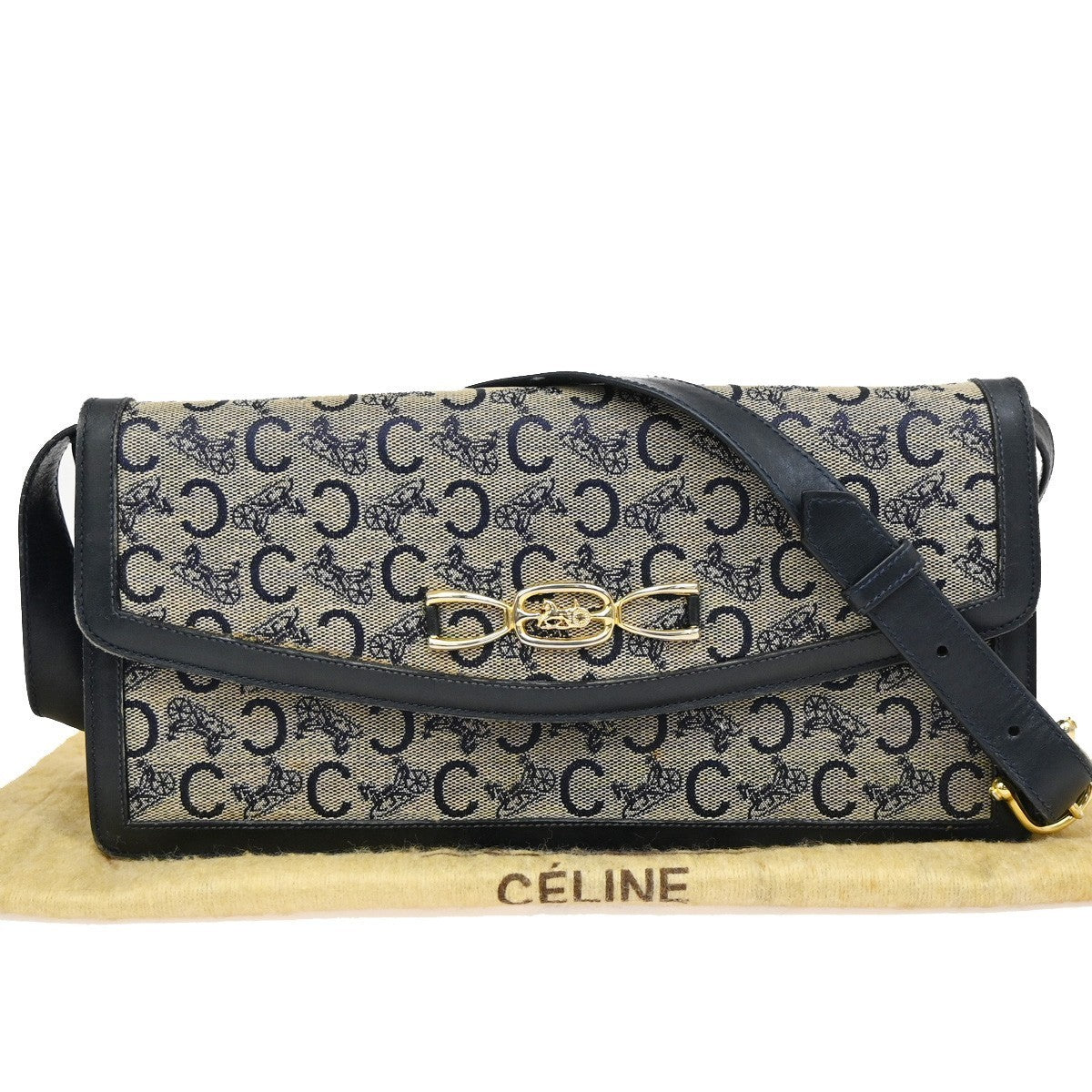 CELINE Logo C Macadam Horse Carriage Shoulder Bag Canvas Leather Blue 68KP174