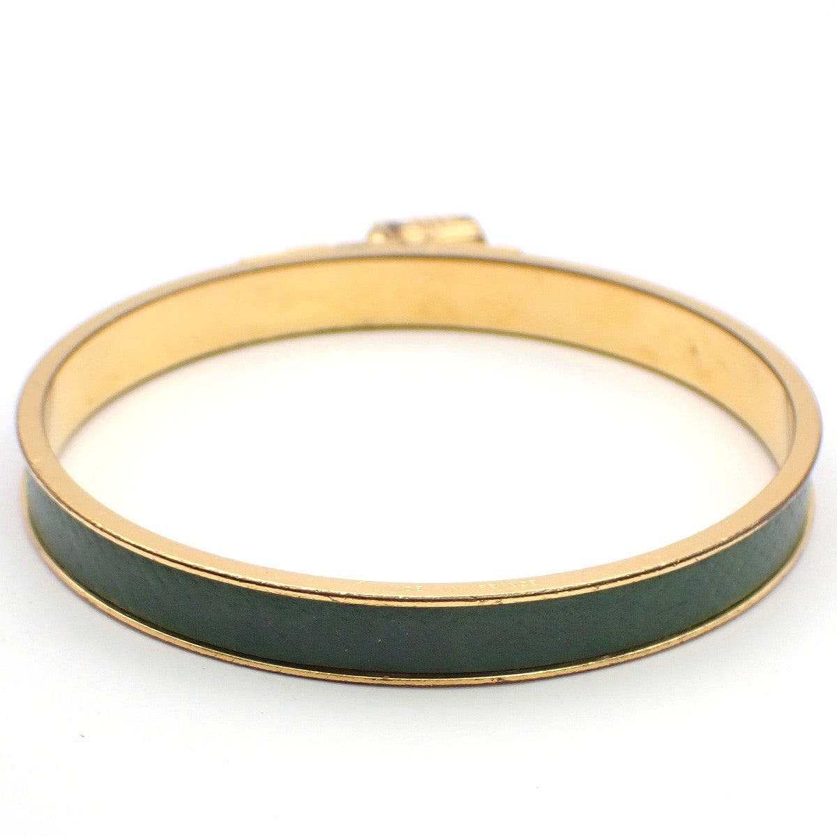 HERMES Logo Kelly Charm Bangle Bracelet Embossing Leather Green Gold 62KP350