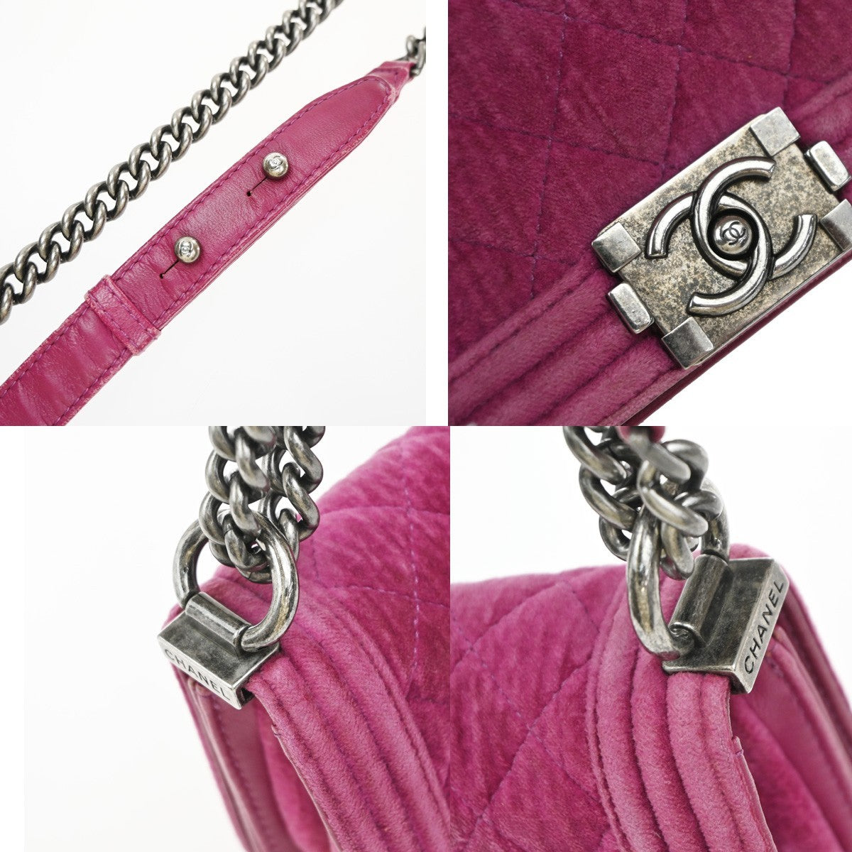 CHANEL CC Boy Matelasse Chain Mini Shoulder Bag Velvet Leather Pink SHW 652RP053
