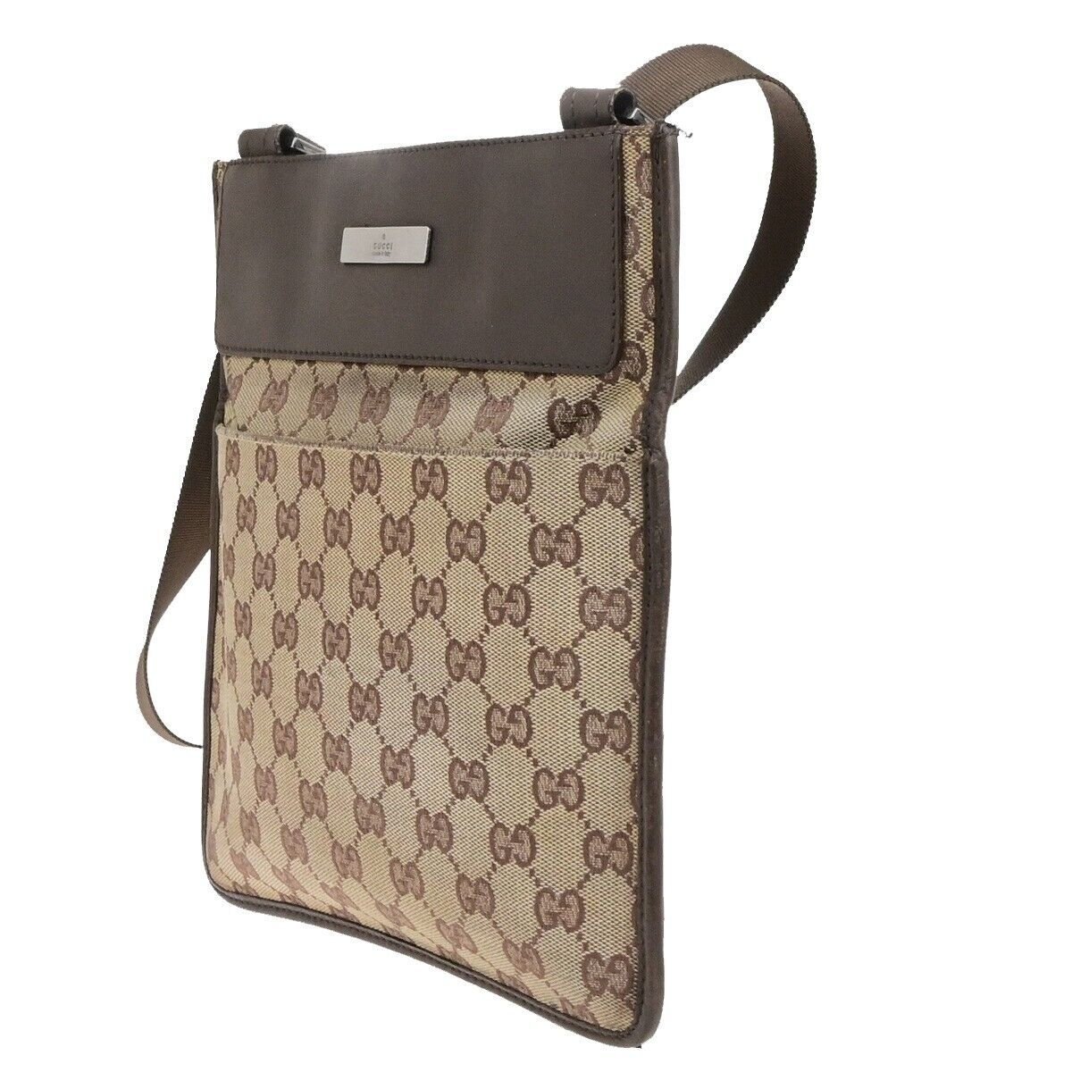 GUCCI Logo GG Pattern Shoulder  Bag Canvas Leather Brown Silver Italy 66ED404
