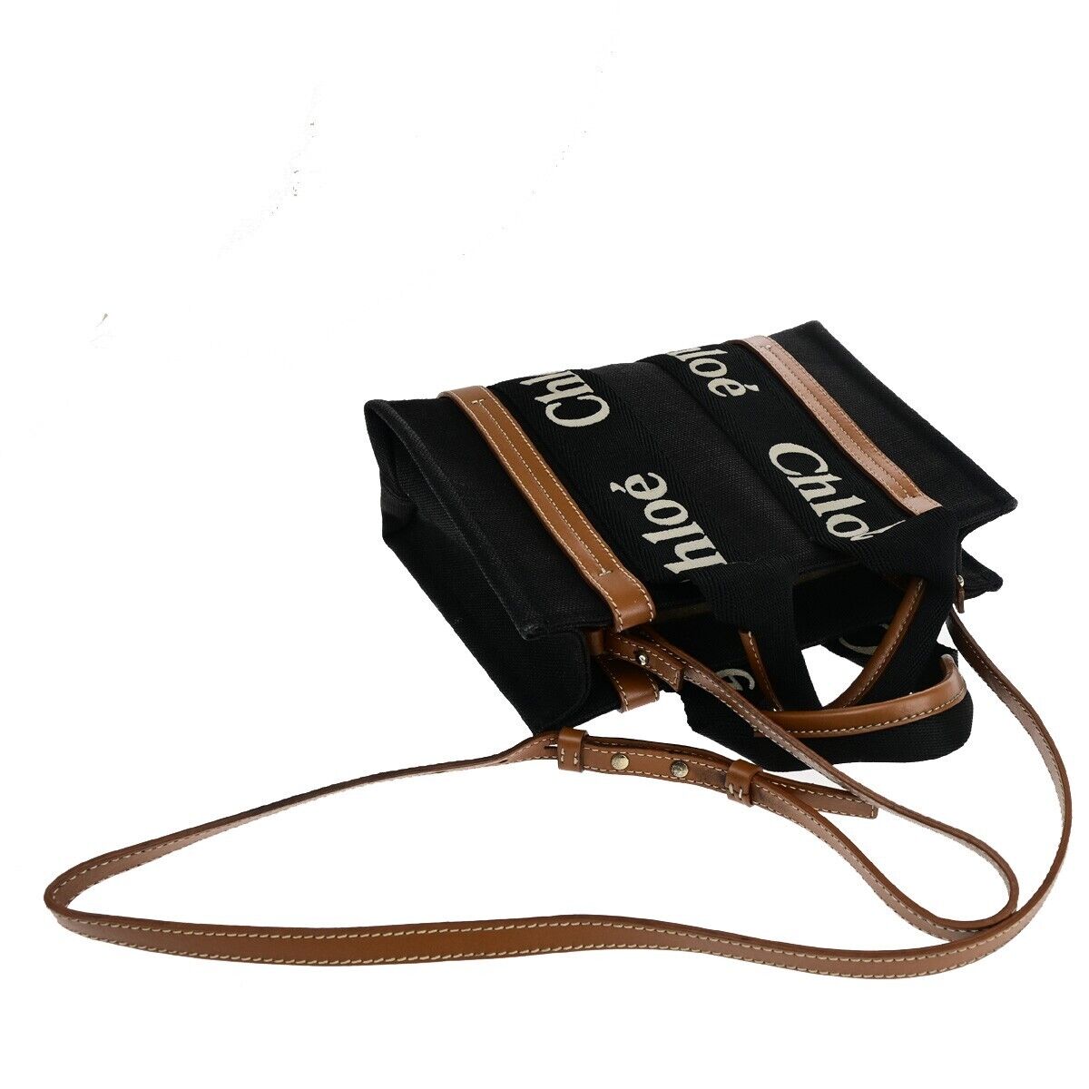 CHLOE Woody Tote Shoulder Hand Bag 2Way Canvas Leather Black Italy GHW 84HC081