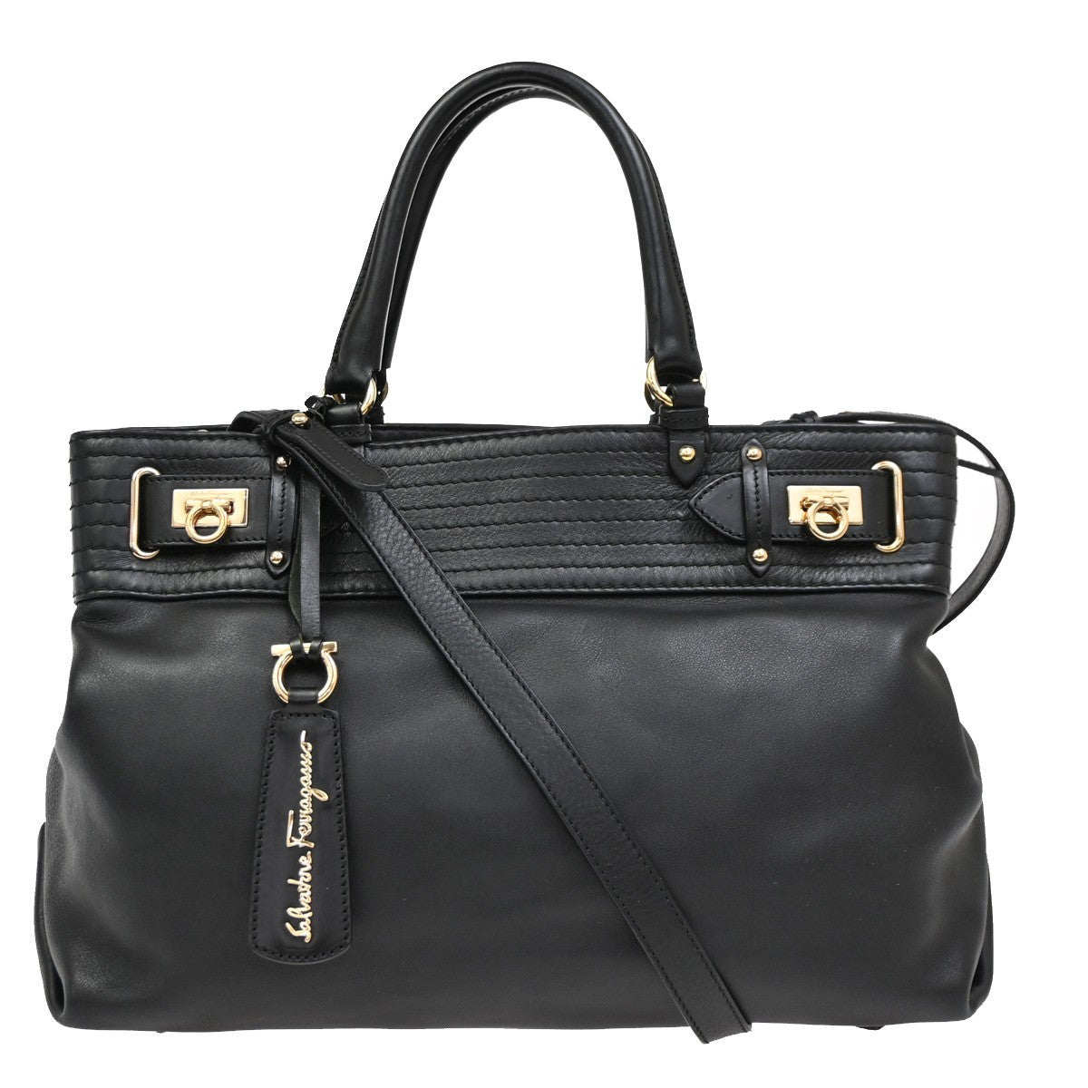 SALVATORE FERRAGAMO Gancini 2Way Shoulder Bag Leather Black GHW Italy 81RL585