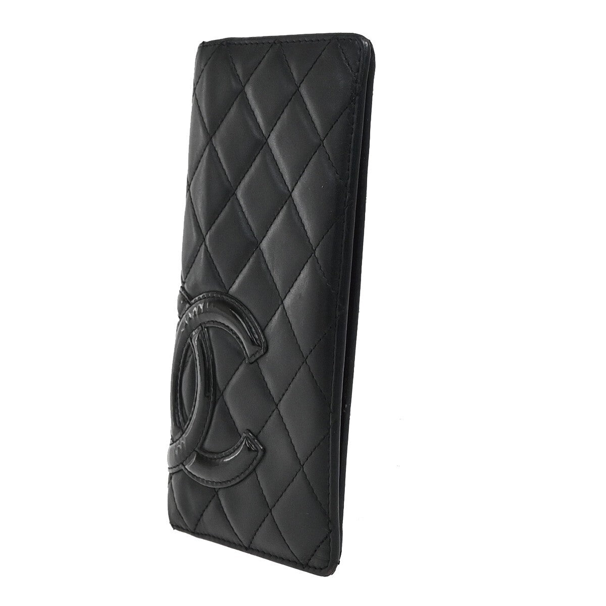 CHANEL CC Cambon Bifold Vertical Long Wallet Patent Leather Black Pink 67EE285