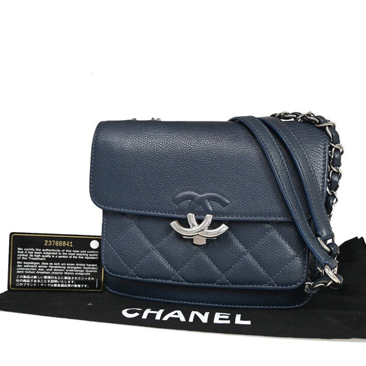 CHANEL CC Logo Matelasse Chain Shoulder Bag Leather Navy Blue silver 805RF077