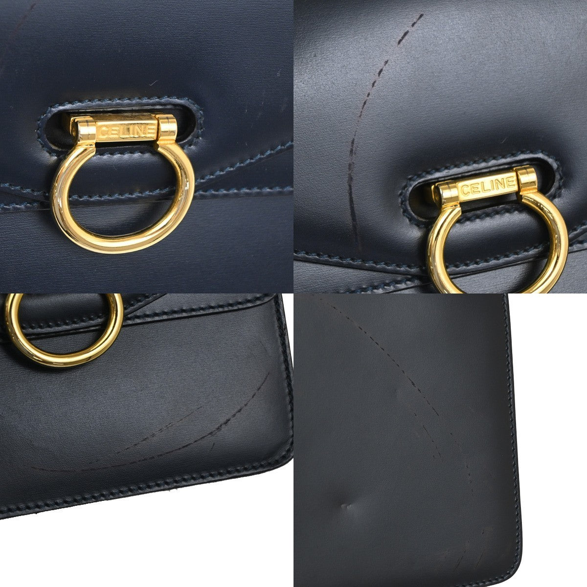 CELINE Logo Gancini Top Handle Hand Bag Leather Navy Blue Gold Italy 38TA361