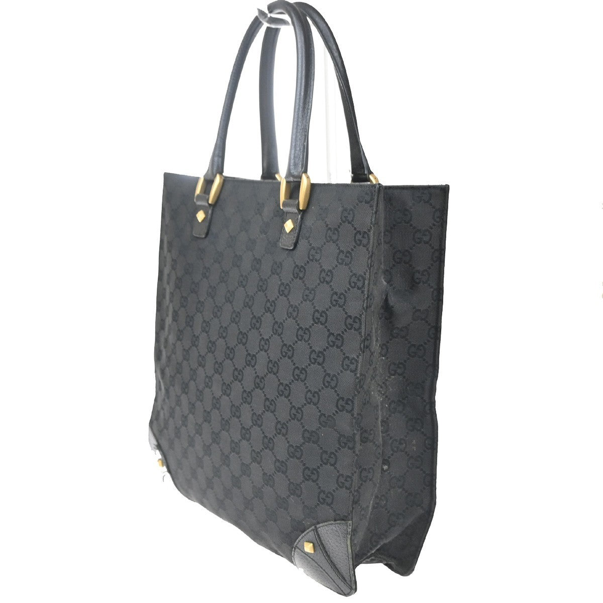 Gucci GG  Pattern Nailhead Tote Hand Bag Black Canvas Leather Italy 31SA080