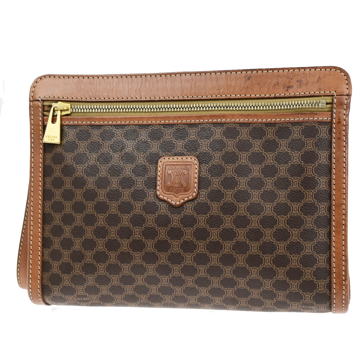 CELINE Logo Macadam Pattern Clutch Hand Bag PVC Leather Brown GHW Italy 02SJ190
