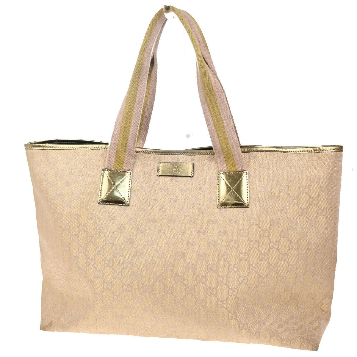 GUCCI GG Logo Canvas Shoulder Tote Bag Canvas Leather Gold Italy 34CA678