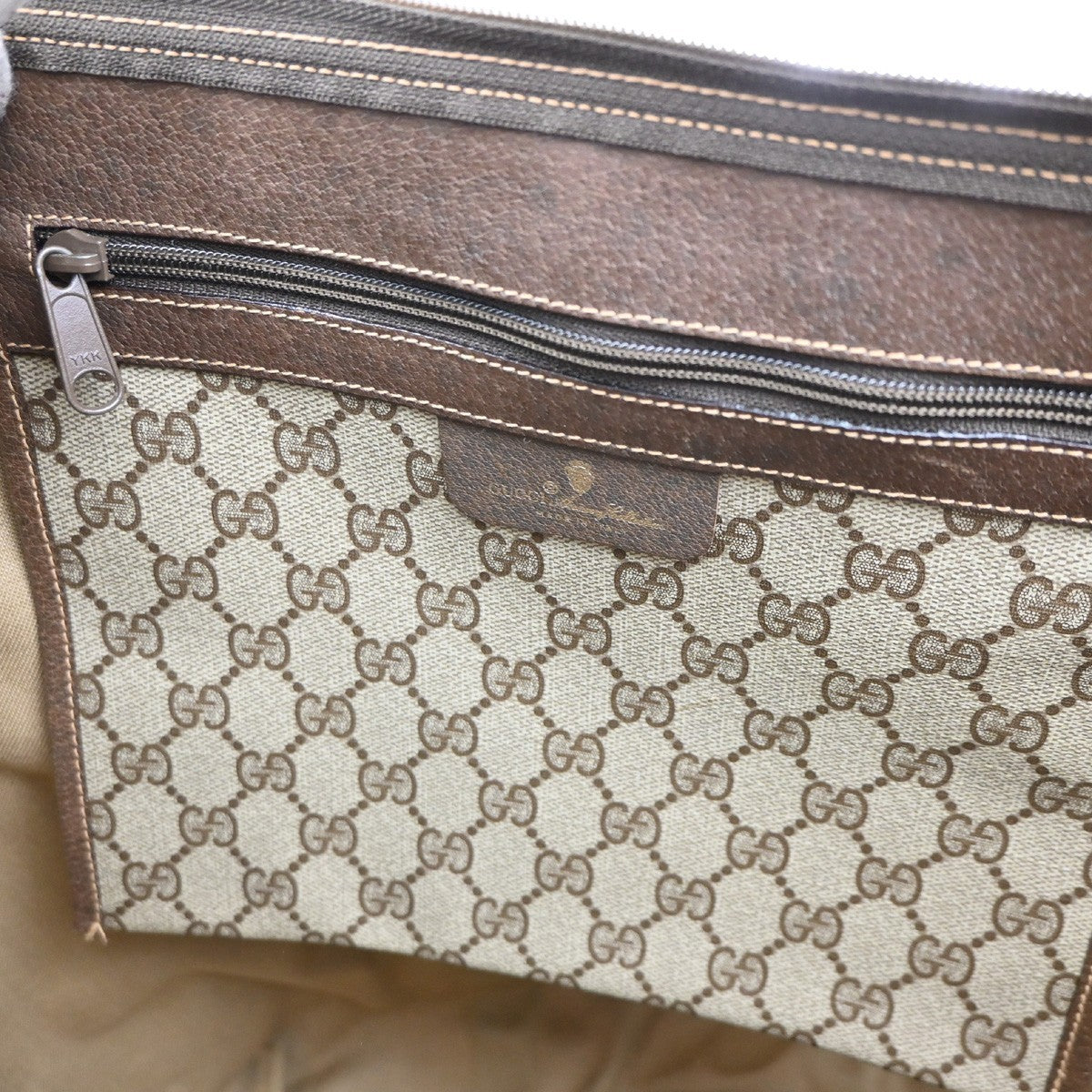 GUCCI Logo GG Sherry Line Boston Hand Bag PVC Leather Beige Italy 32MA454