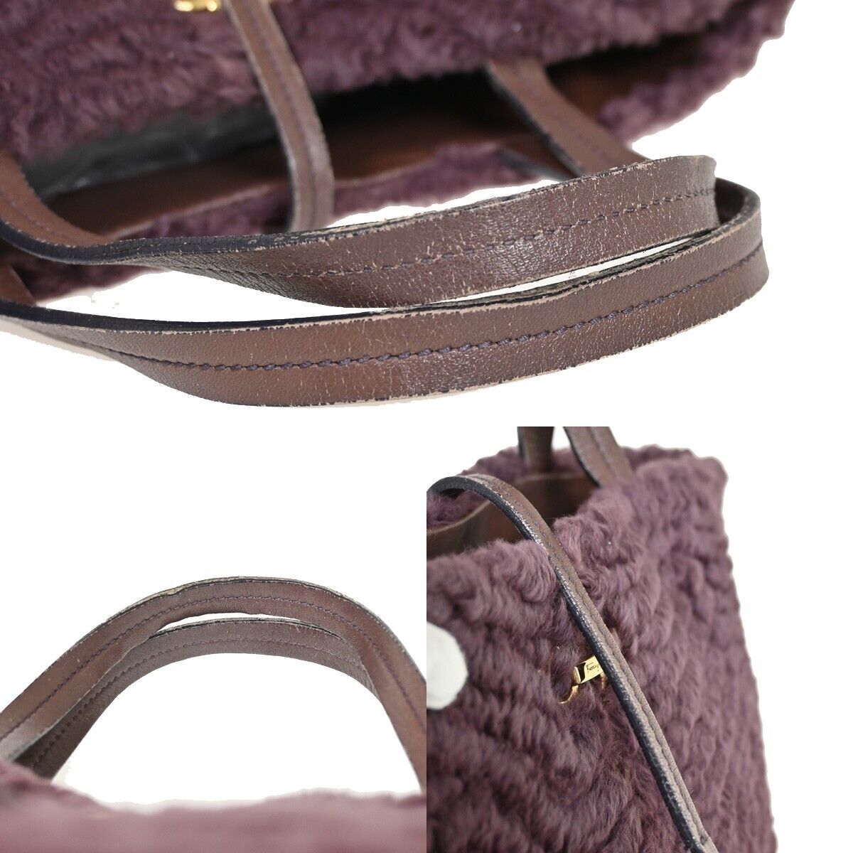 SALVATORE FERRAGAMO Logo Gancini Hand Bag Fur Leather Purple GHW Italy 09YD551