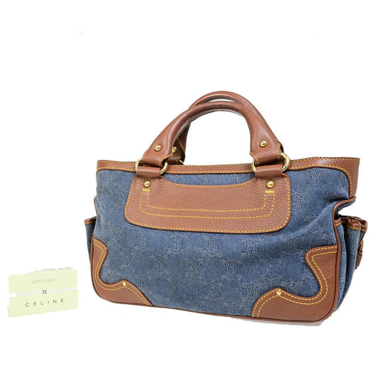 CELINE Logo Macadam Pattern Hand Tote Bag Denim Leather Brown 86FB086