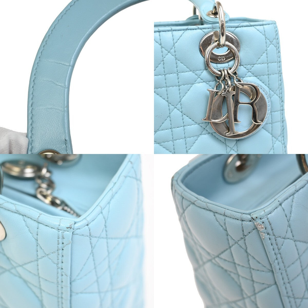 CHRISTIAN DIOR Logo Lady Cannage 2Way Shoulder Hand Bag Leather Blue 627RL153