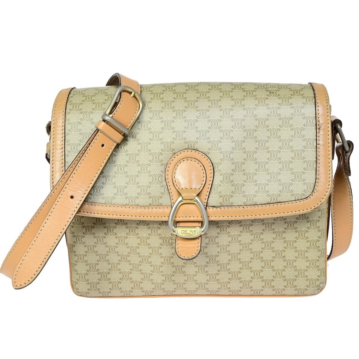 CELINE Logo Macadam Pattern Shoulder Bag PVC Leather Beige Italy 68EB396