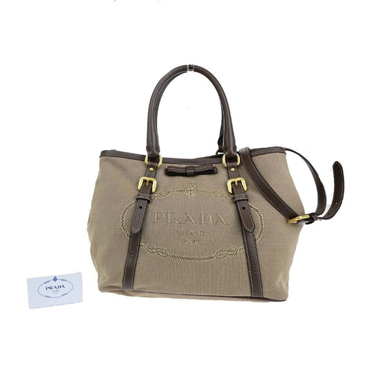 PRADA MILANO Logo Jacquard 2Way Shoulder Hand Bag Canvas Leather KI BN 70EB676