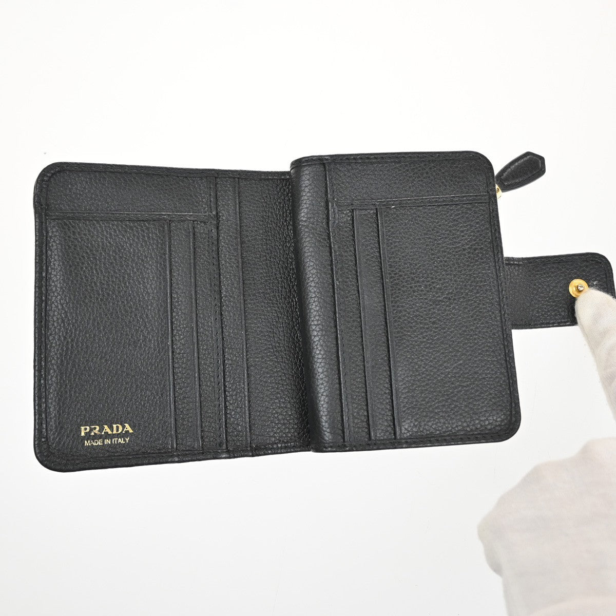 PRADA Logo Bifold Compact Wallet Purse Vitello Leather Black GHW Italy 65YJ111