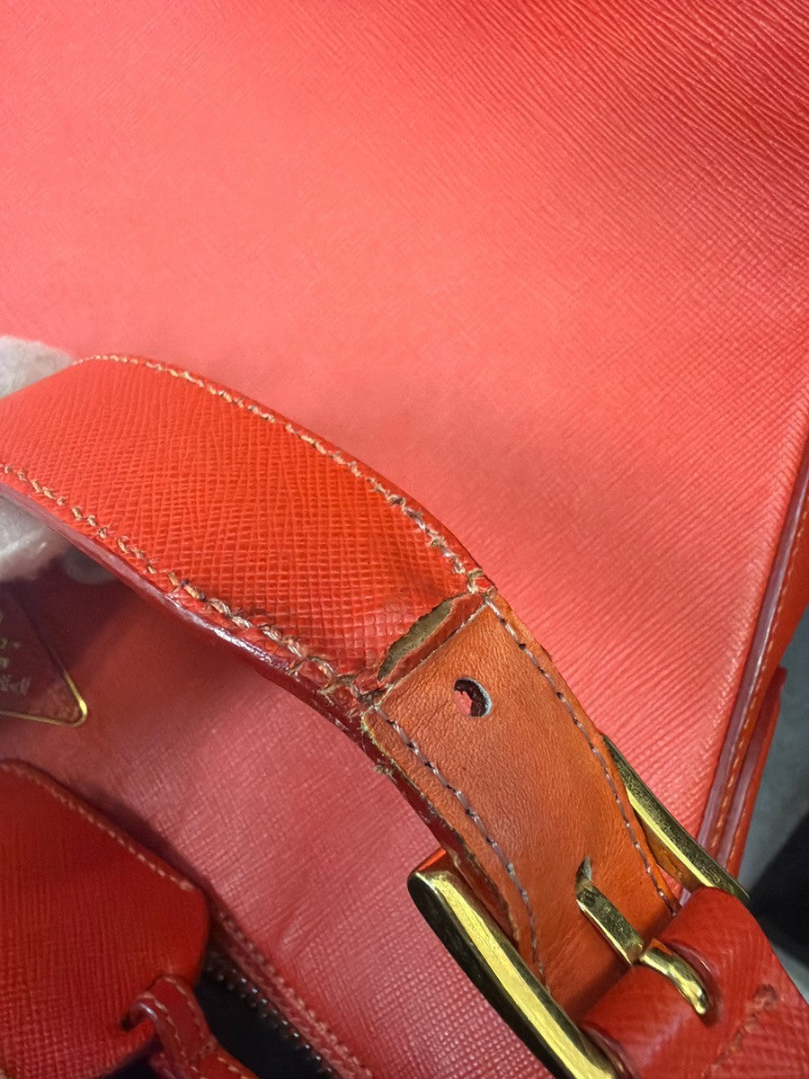 PRADA Logo Saffiano Shoulder Hand Bag Leather Red Lacca GHW Italy 71YJ010