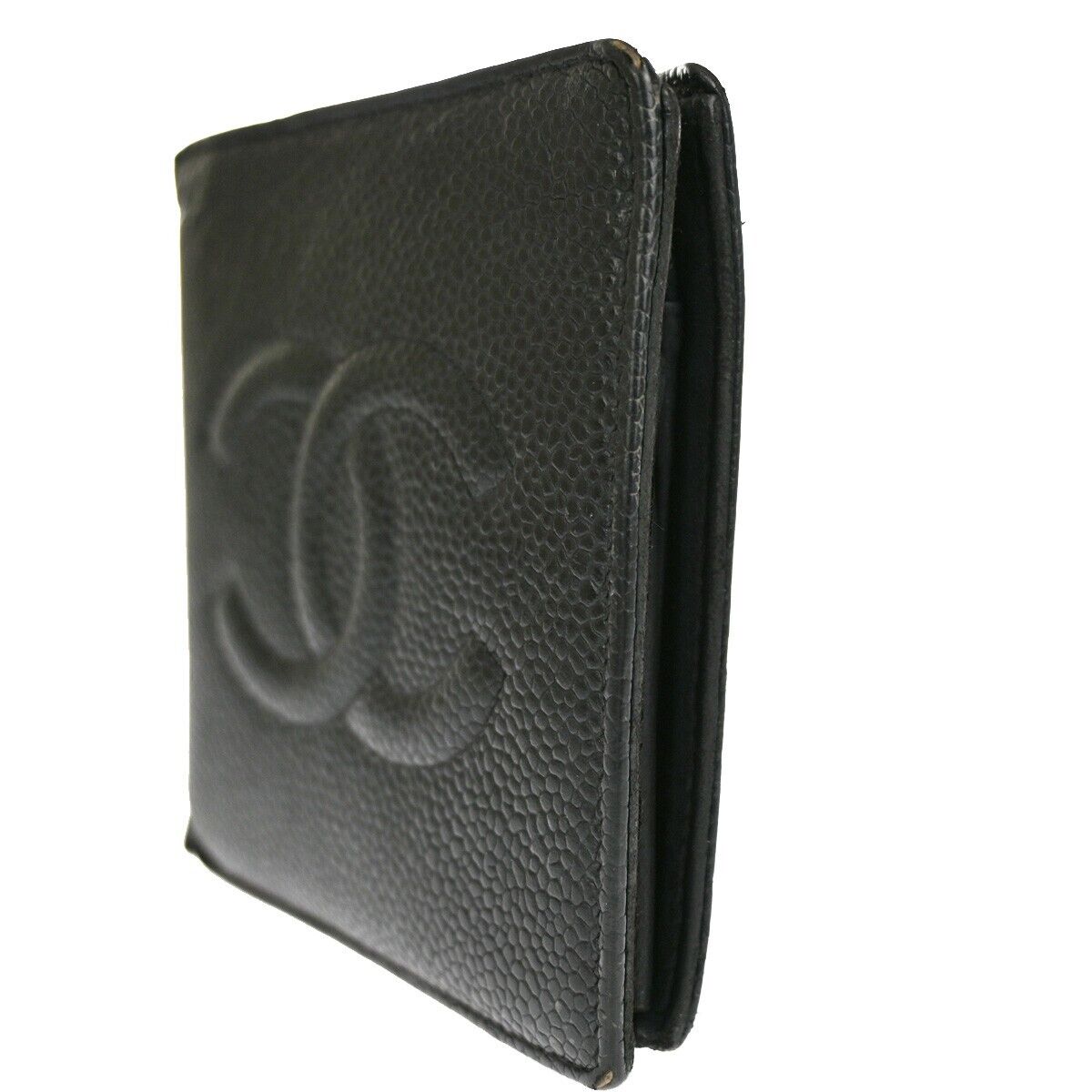 CHANEL CC Logo Bifold Wallet Caviar Skin Leather Black France Vintage 60EA462
