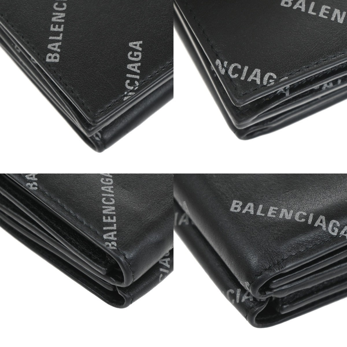 BALENCIAGA Logo Mini Trifold Wallet Purse Leather Black SHW Italy 60TA315