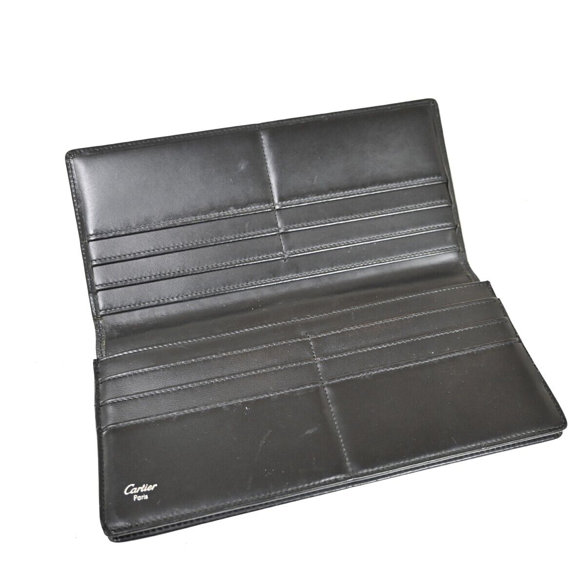CARTIER 2C Logo Bifold Wallet Purse Leather Black Silver Made in France 07FA043